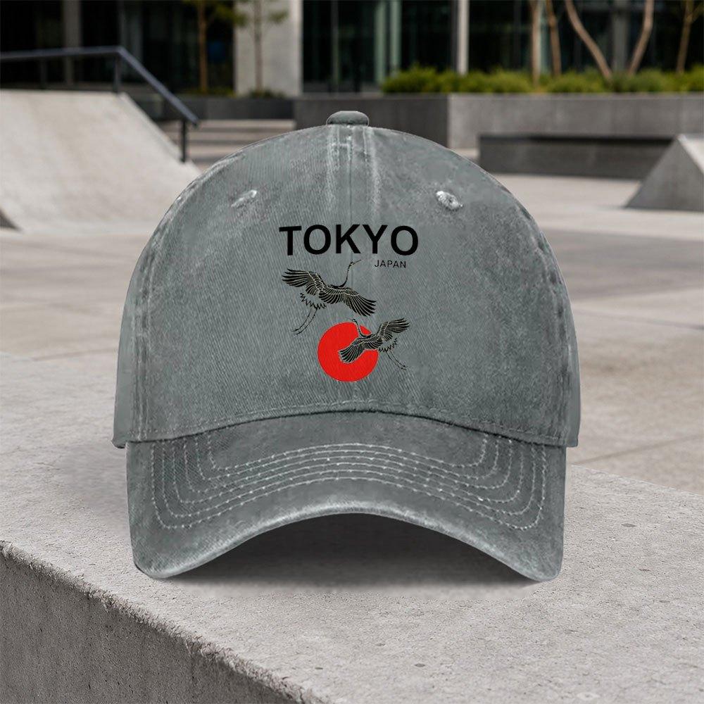 1pc Vintage Tokyo Crane Washed Baseball Cap Adjustable Hook Loop Duckbill Cap Suitable For Outdoor Sports Daily Wear Parti