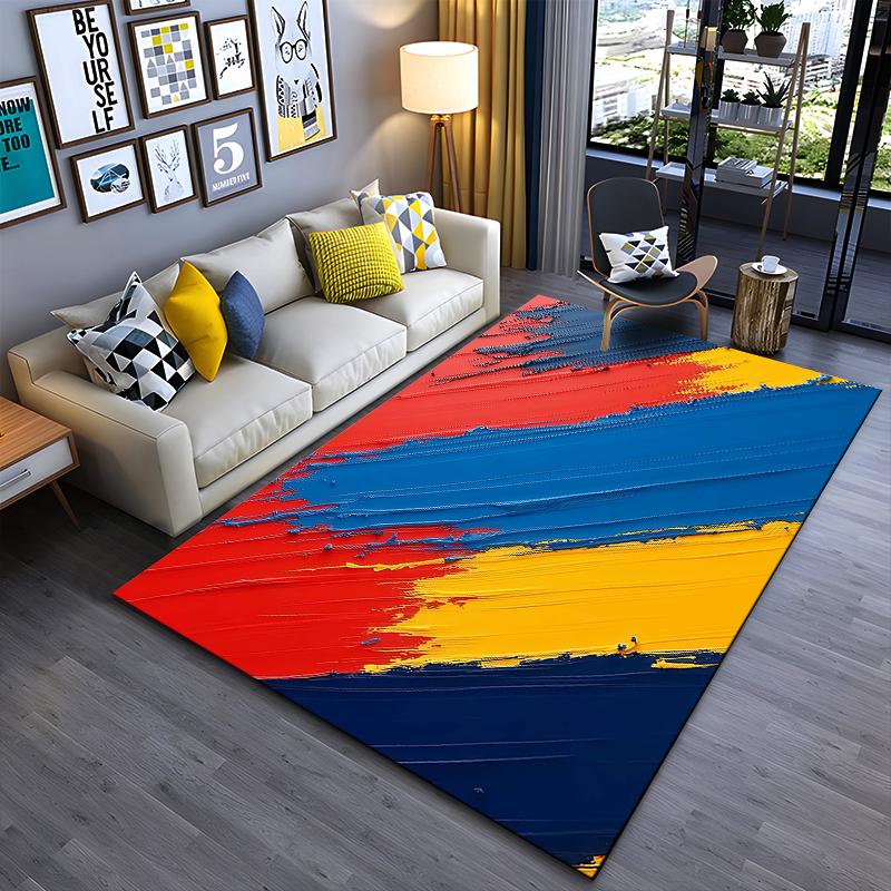 Modern Abstract Colorful Carpet with Red, Blue, and Yellow Strokes Suitable for use as an anti-slip for living room bedroom sofas