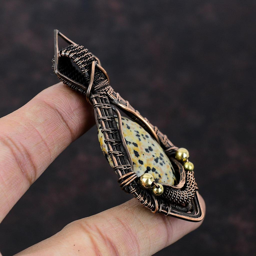 Подвеска из далматинской яшмы, обернутая медной проволокой, подвеска из натурального драгоценного камня, украшения ручной работы в технике wire wrap, подарок для него, удивительные медные украшения