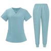 Women's Short Sleeved Solid Color V Neck Pocket Top Pants Work Clothes Two Piece Set