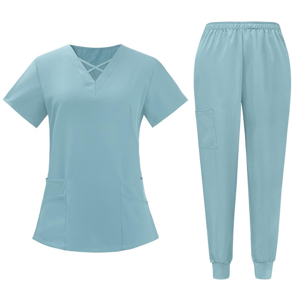 Women's Short Sleeved Solid Color V Neck Pocket Top Pants Work Clothes Two Piece Set
