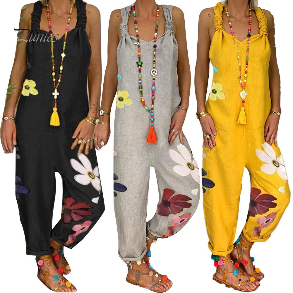 Женский комбинезон без рукавов с нагрудником без спинки и цветочным принтом