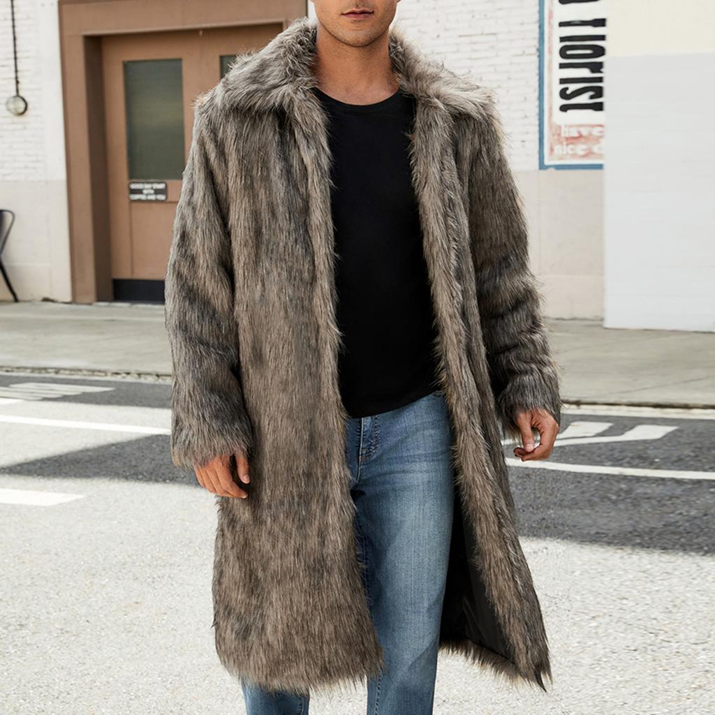 Men's Faux Animal Hair Long Coat Warm Overcoat Turn Down Collar Coat Cardigan Winter Fuzzy Fleece Jacket Open Front