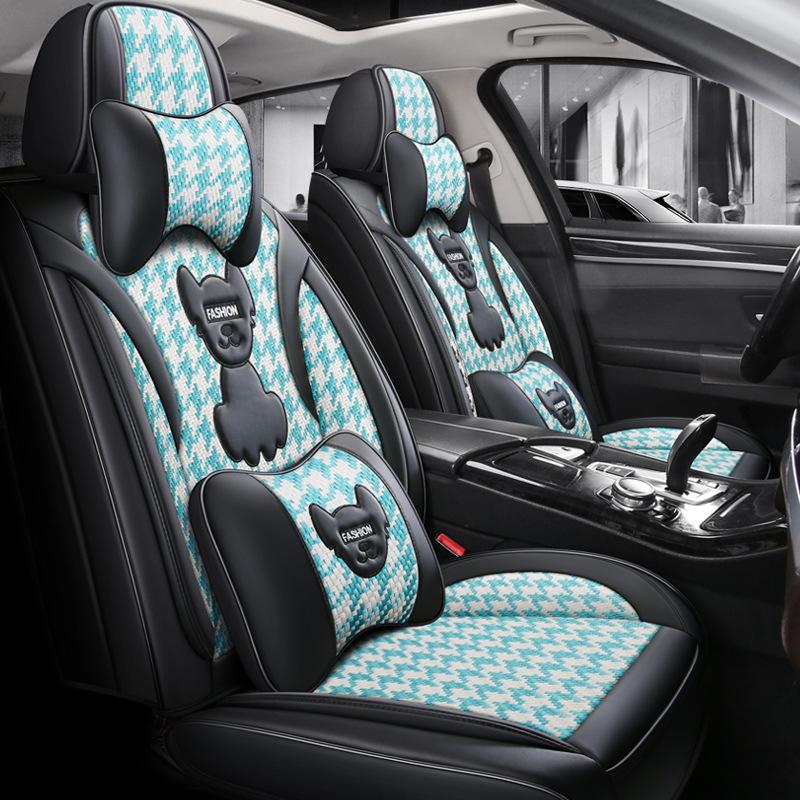 Houndstooth Car Seat Cover Whole Five Seats Fully Surrounded Four Seasons Universal Leather Linen Exclusive Wear-Resistant Comfor