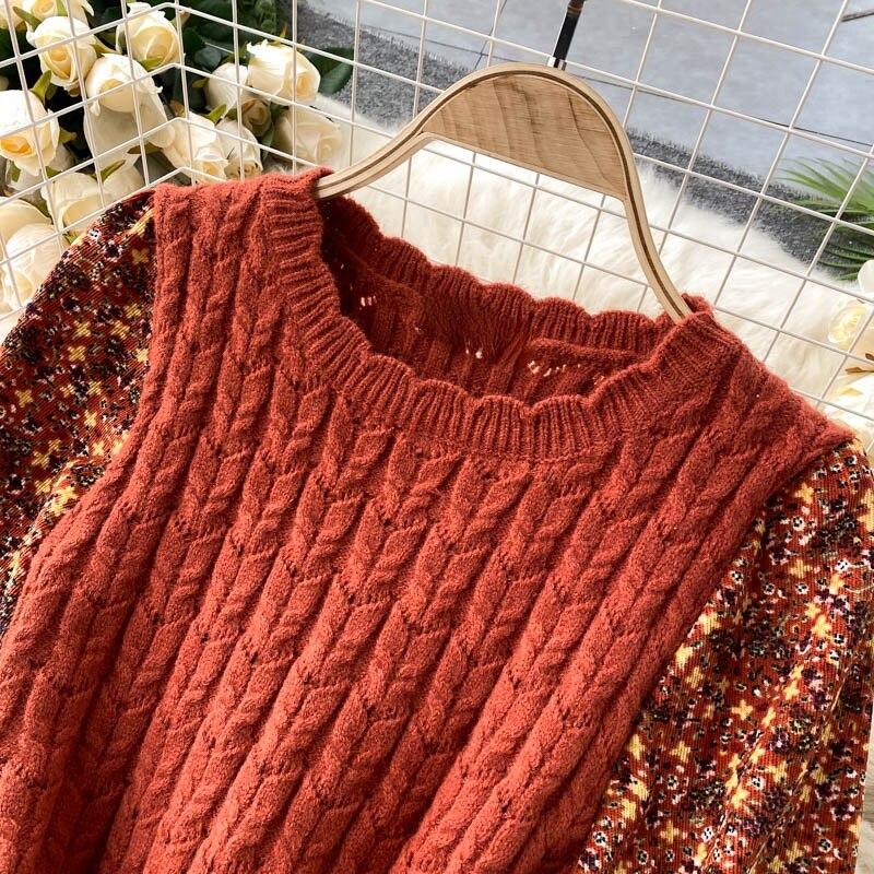 Платья Вельветовые Винтажные Женские Цветочные Вязаные Пэчворк Vestidos De Mujer Милое Корейское Длинное Платье А-силуэта