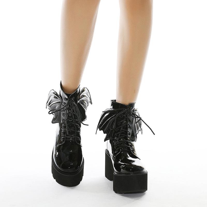 Women's Black Back Zipper Chunky Heel Boots Goth Style Lace Up Solid Color Platform Short Boots for Women Fashion Wing