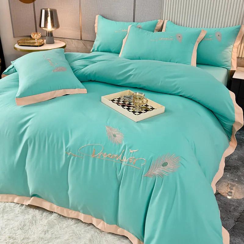 4pcs/set Soft and Comfortable Naked Sleeping Four-piece Bedding Set Feather Embroidery Quilt Cover Simple Bedding Complete Set of Bedding Set