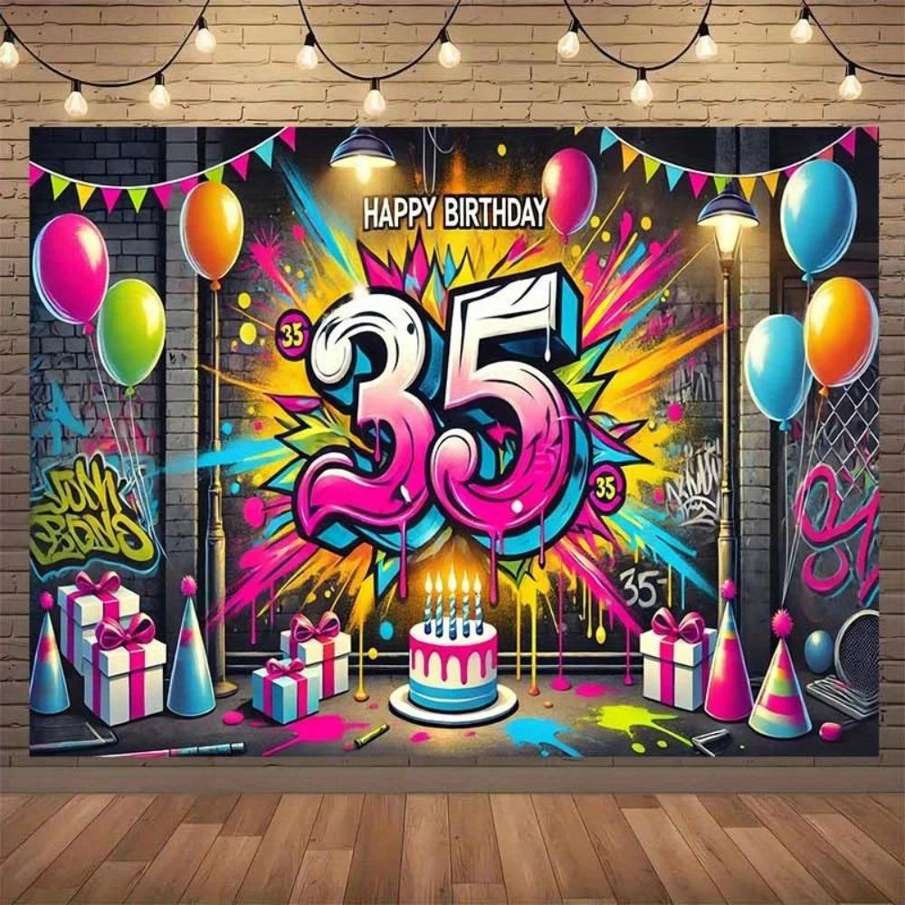 Graffiti Style Colorful Balloon Gift Birthday Hat Banner Background Adult Birthday Party Home Decoration Photography Background