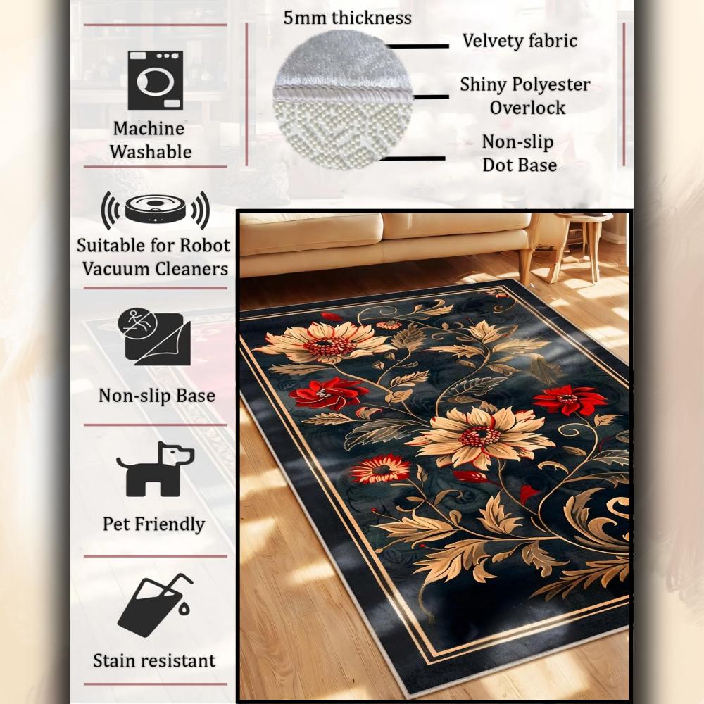 Цветочный ковер, машинная стирка, нескользящая основа, устойчивый к пятнам коврик для гостиной, кухонный коврик и напольный коврик, коврик для спальни