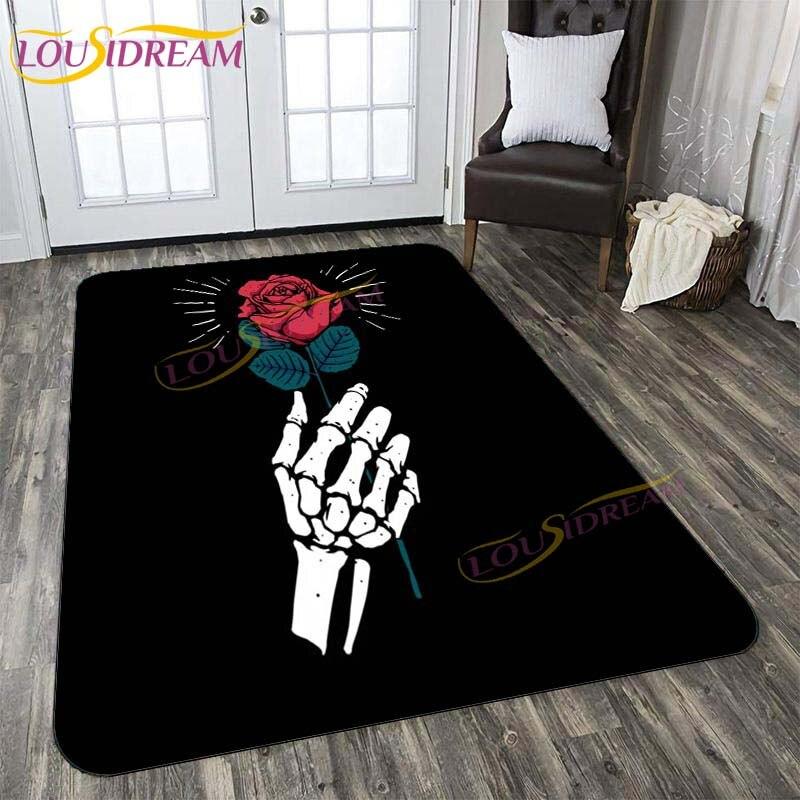 3D New Flaming Rose Floor Mat Area Rugs Rose and Skull Printed Rug and Carpets for Bedroom Home Living Room Valentine's Day Gift