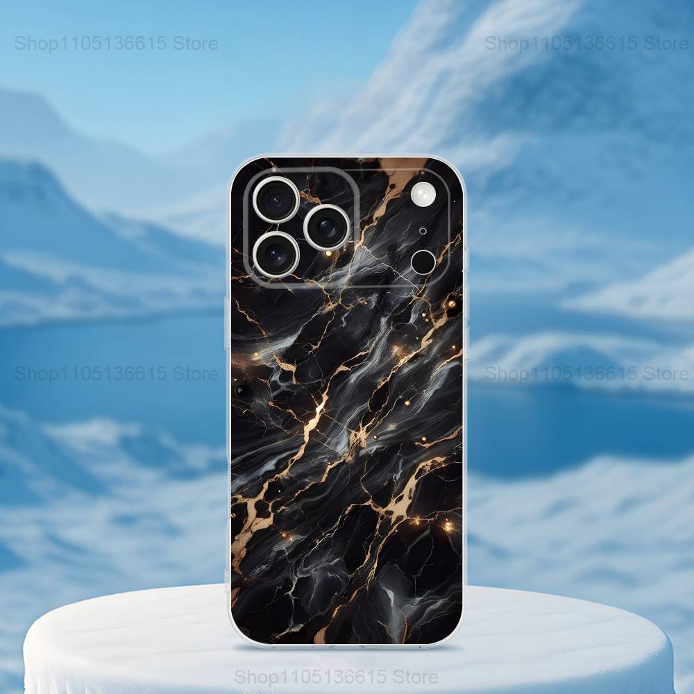 Мраморный арт Черно-золотой чехол для телефона для iPhone 16,15,14,13,12,11,17 Pro,Max,Plus,X,XS,XR,SE,Mini Прозрачный мягкий чехол