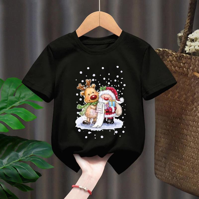 Повседневный мультяшный топ-футболка для мальчиков и девочек, рождественский Санта-Клаус, олень, с коротким рукавом, детская одежда, круглый вырез