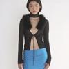 2022 Women Feather Fur Mesh Lace Up Backless Long Sleeve Cut Out Shirt Slim Sexy Party Club Streetwear Summer Y2K Crop Top