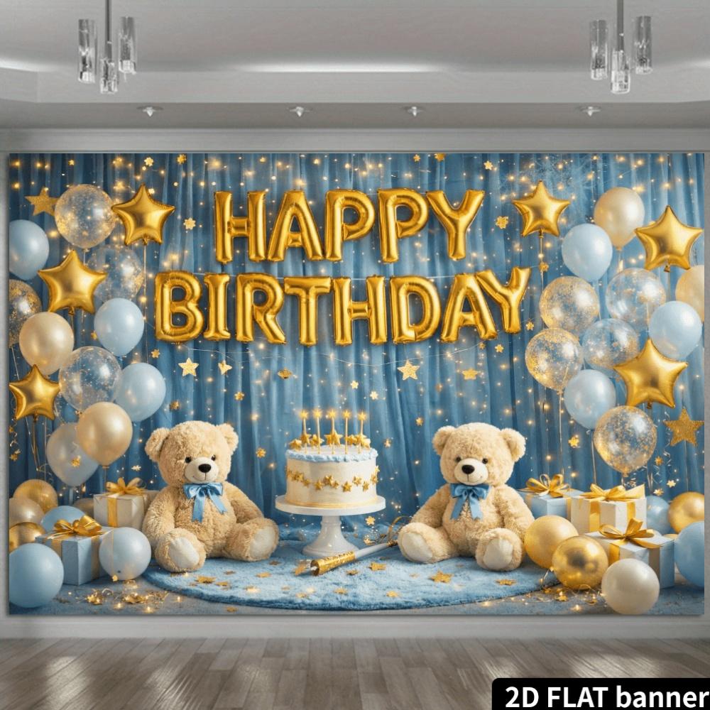 2D Flat Banner Birthday Party Background Cloth Light Blue Curtain Cake Teddy Bear Theme with Golden HAPPY BIRTHDAY