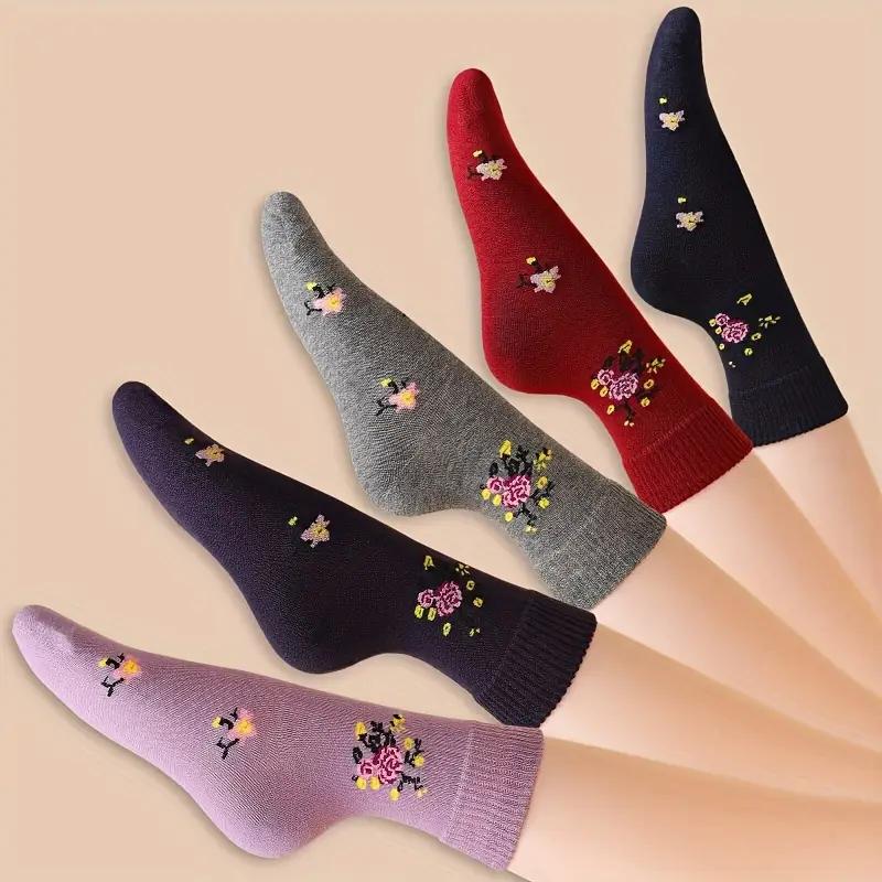 5 Pairs Floral Pattern Crew Socks, Warm Thick All-match Mid Tube Socks For Fall & Winter, Women's Stockings & Hosiery