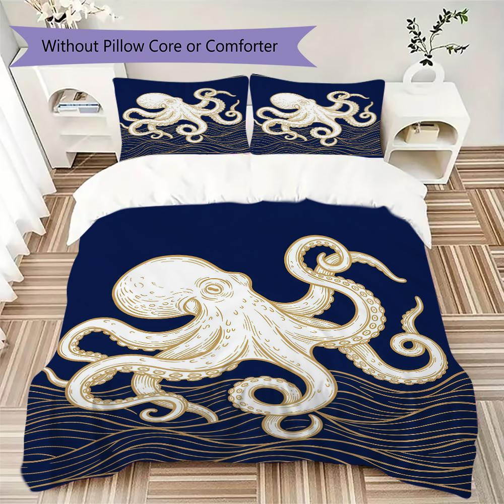 Cartoon Marine Pattern Bedding uilt Set uilt Cover Pillowcase Home Decoration Birthday Gift (1 * duvet cover + 2 * pillowcase without core)