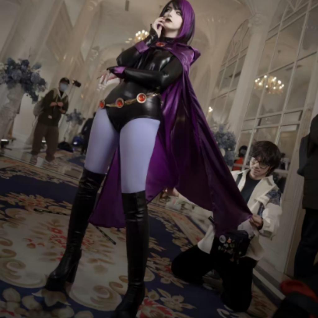 Костюм для косплея Raven из Teen Titans, женский костюм, боевое тело Magic Girl, комплект с фиолетовым плащом с капюшоном