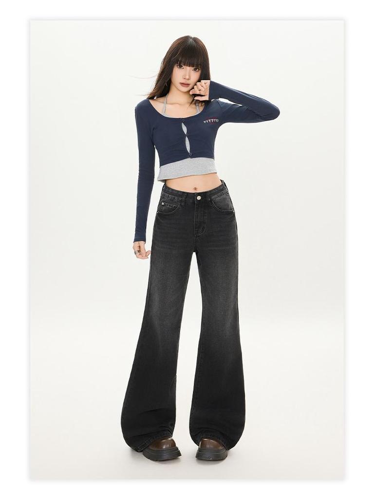 2025 Черно-серые вельветовые джинсы клеш с высокой посадкой и широкими штанинами для женщин