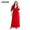 Плюс Размер Женская мода Новое платье с рукавами-накидками Красное сексуальное платье с V-образным вырезом и юбкой