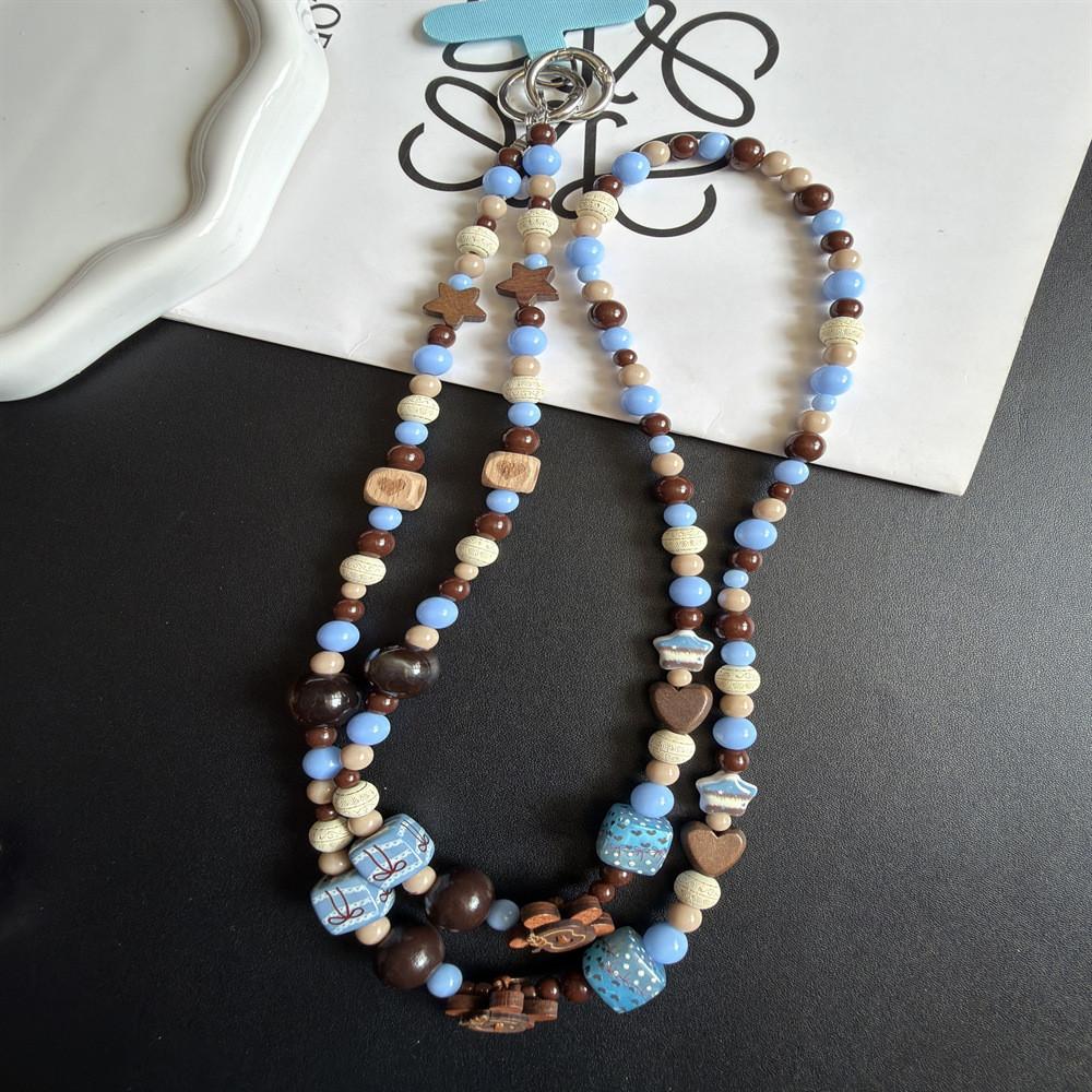 Vintage Wooden Flower Button Phone Strap With Beaded Chain For Ladies And Gents