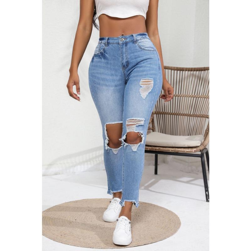 Женские джинсы больших размеров с дырками, утягивающие, с высокой талией, стрейч, винтажные, из денима, брюки до щиколотки