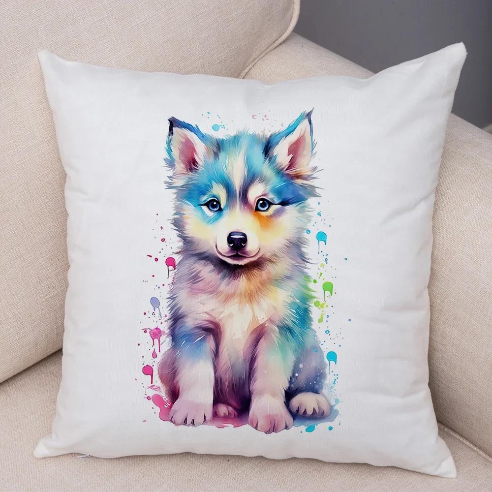 Super Cute Watercolor Dog Throw Pillow Cover With Short Plush Print For Living Room Sofa Decoration Cushion Cover Pillow Covers