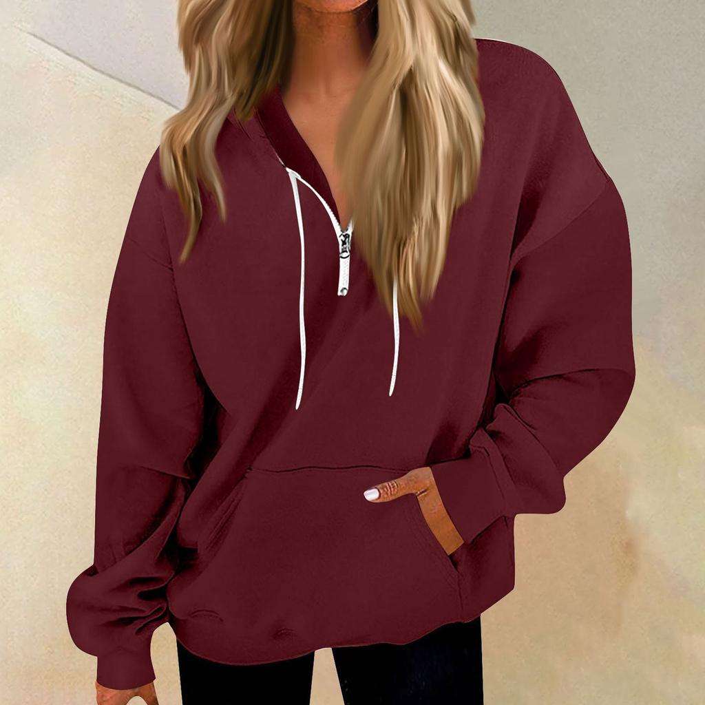 Women's Casual Fashion Long Sleeve Solid Color Zip Pullover Hoodies Sweatshirt Top
