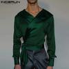 INCERUN Мужские рубашки с длинным рукавом и V-образным вырезом спереди, перекрестные слои, топы