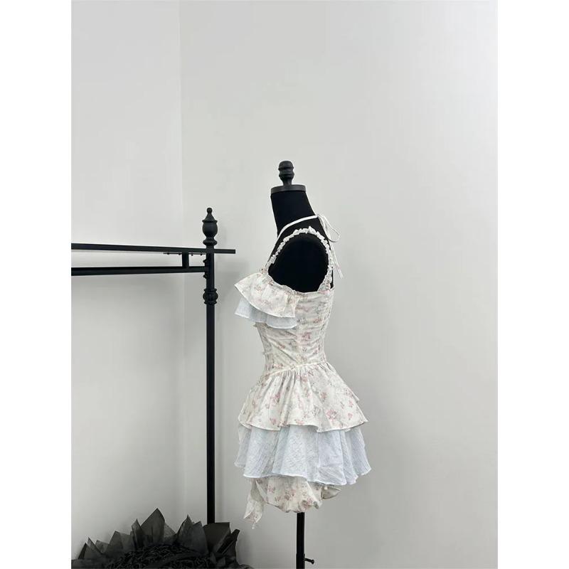 Летние женские корейские винтажные балетки Core 2000-х годов вечерние Rave Y2k наряды из 2 предметов Mori Girl платье феи с цветочным принтом + милые мини-шорты