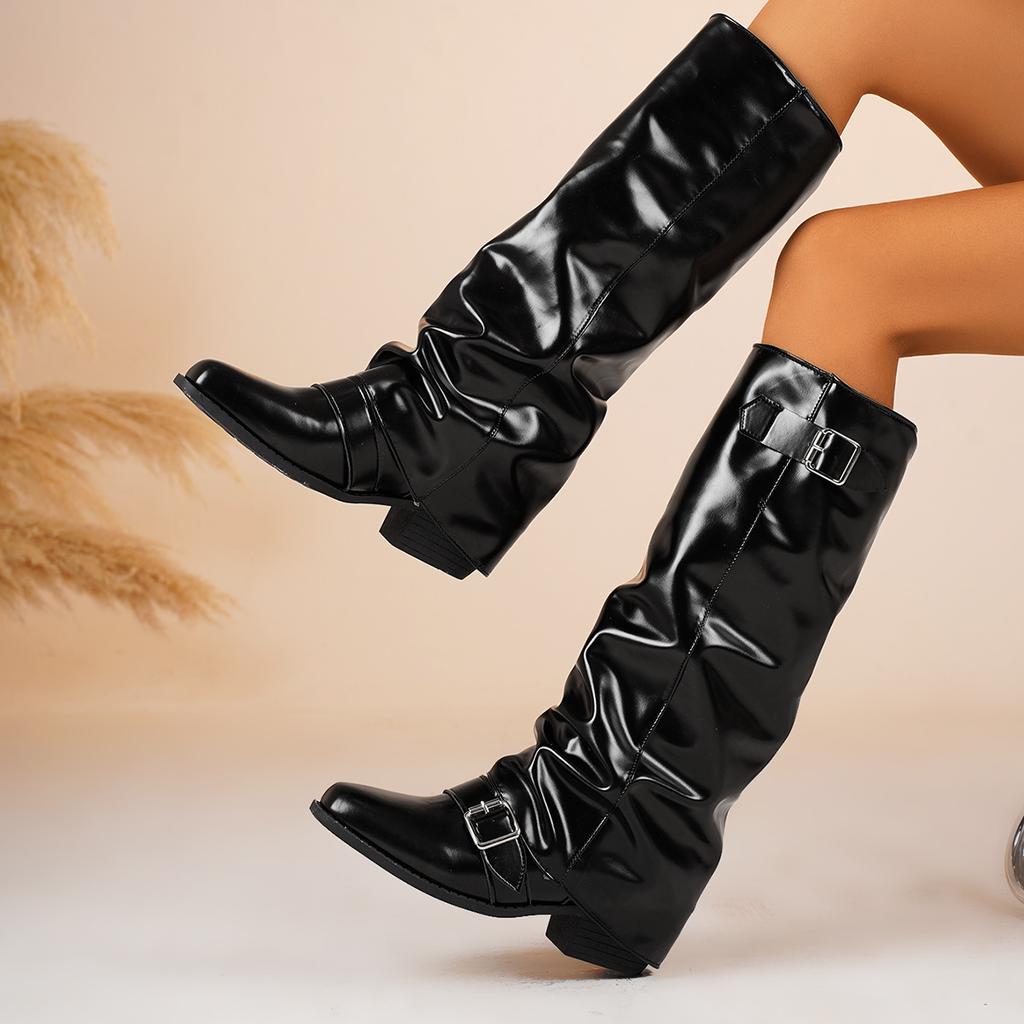 Модные винтажные ботфорты на толстом каблуке, женские длинные сапоги, обувь 2025, весна-осень, женские кожаные элегантные с ремешком и пряжкой, рыцарские боты