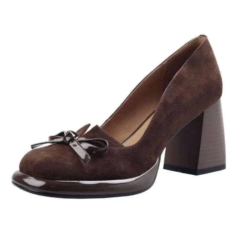 Женская обувь 2025 Весна Ретро Высокий каблук Бабочка Квадратный каблук Искусственная замша Элегантные туфли-лодочки 6-8 см Tacones Para Mujer