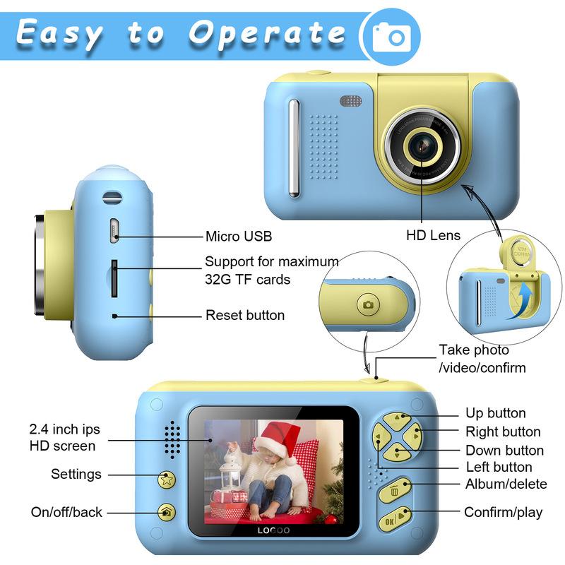 Kids 180° Rotating Lens Camera | 2.4" HD Screen Mini Digital Cam with 16 Filters for Students & Toddlers
