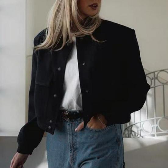 Женская повседневная куртка с длинными рукавами и воротником-стойкой, сплошной цвет, застежка на пуговицах, большой карман, короткие женские женские бомберы, укороченное пальто, верхняя одежда