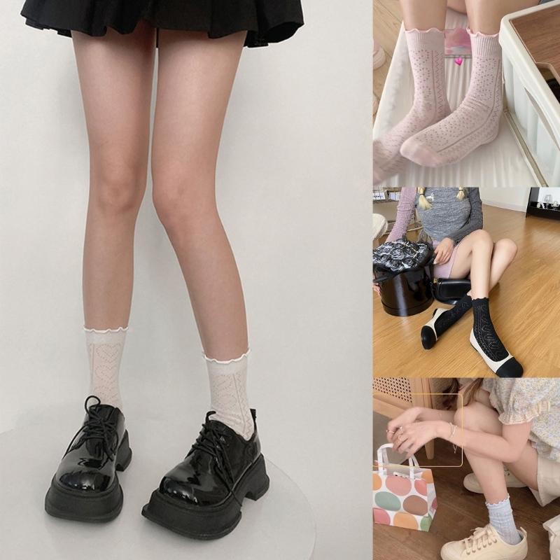 Womens Eyelet Crew Socks, Thin Comfort Breathable Dress Socks, Above Ankle Crew Socks for Womens Schoold Girl