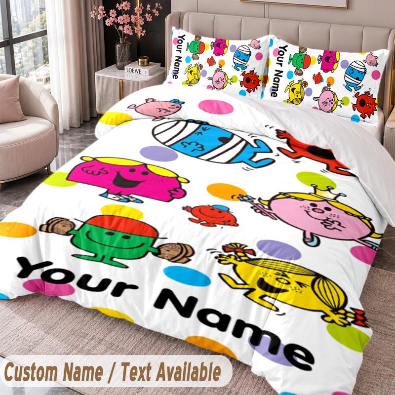 Custom Name Text 3Pcs Bedding Set Mr. Men & Little Miss Duvet Cover And Two Pillowcases