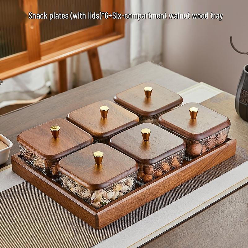 HANDUNYOU 6-Compartment Ceramic Divided Snack Tray with Wooden Base and Lid