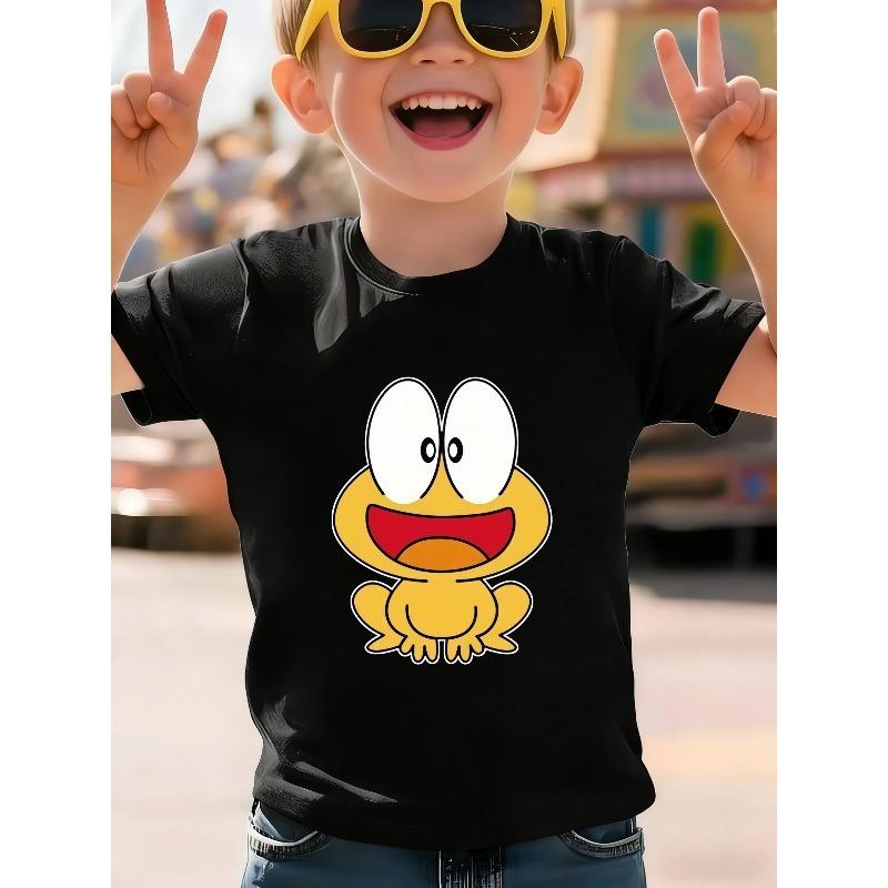 European sizes Boys' Fashion T-Shirt Featuring an Ultra-cute Big-eyed Frog Cartoon Print, Exuding a Soft and Heartwarming Vibe. Suitable for Children