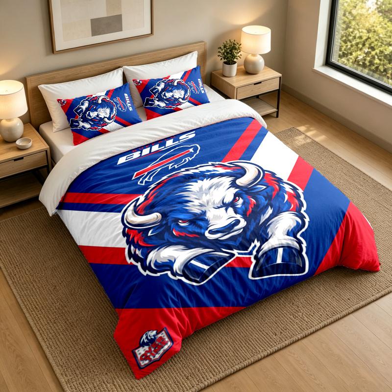 3-Piece Bed Sheet Set with Buffalo Bills Design, 1 Flat Sheet and 2 Pillowcases for Bedroom