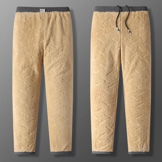 Winter Men Pants Thick Fleece Drawstring Elastic Waist Heat Retention Zipper Pockets Solid Color Warm Sport Travel Work Trousers