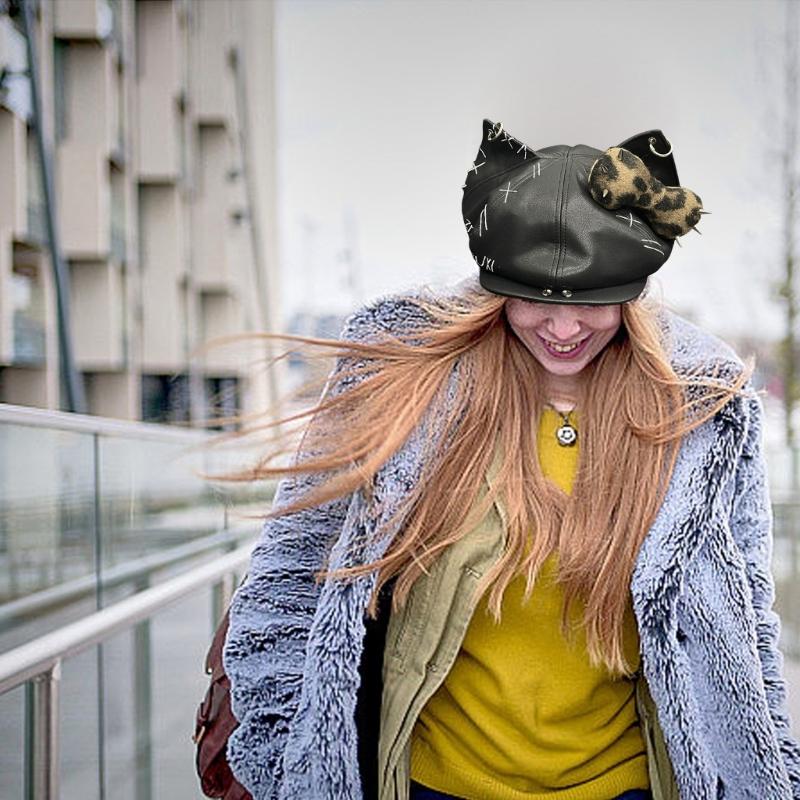 2000s Dog Ear Baseball Hat for Women Men Dystopian PU Leather Hat Subcultures Streetwear Hiphop Hat Daily Party Headwear