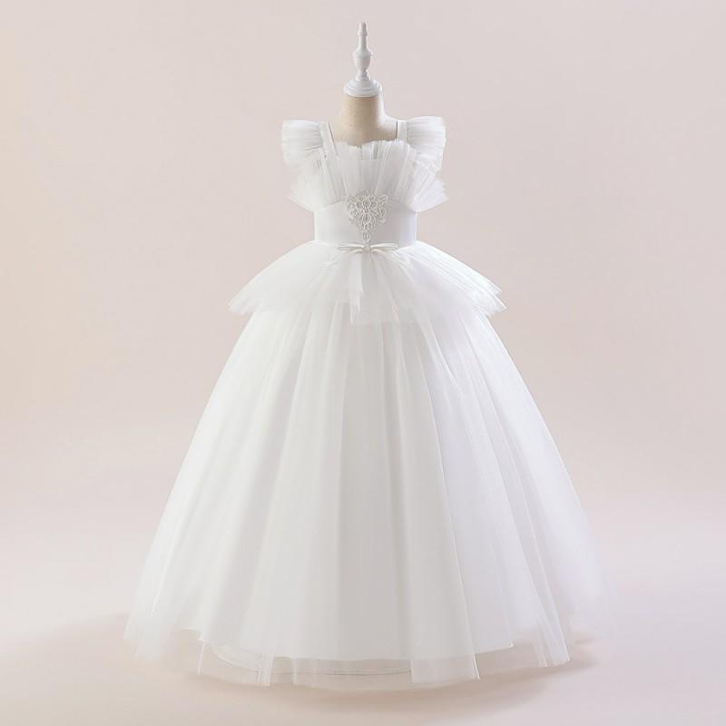 Girls Princess Tulle Dress Party Performance Gown White Long Kids Over 4Y