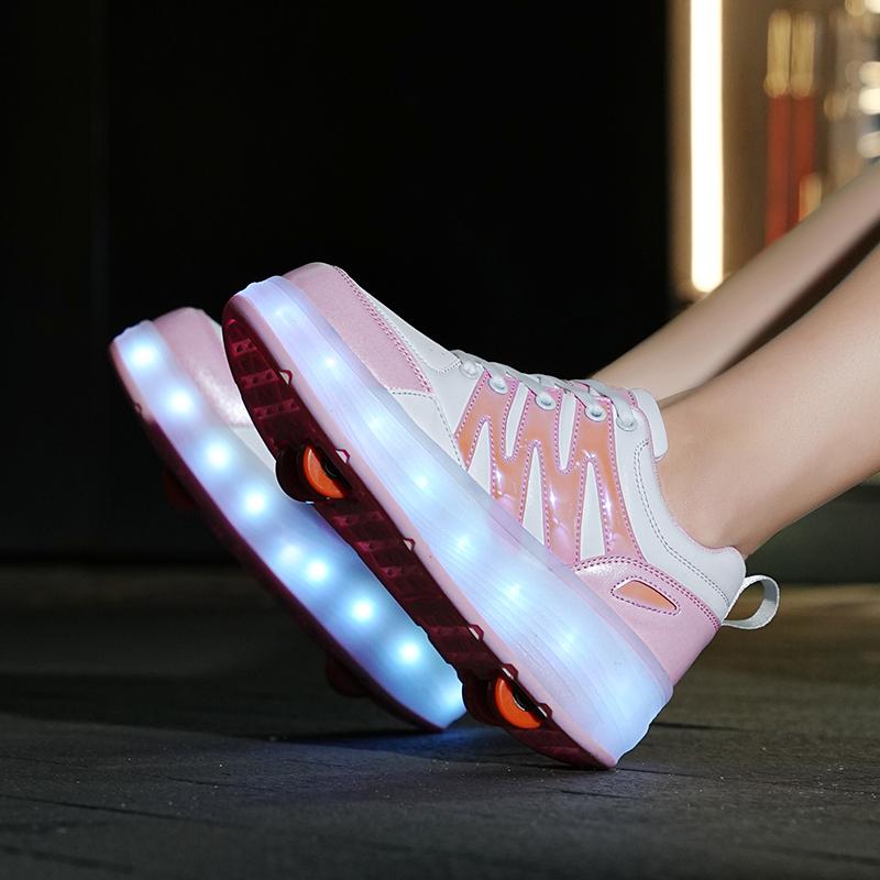 Четырехколесные детские туфли Heely с колесами, спортивная обувь с зарядкой через USB, светодиодная спортивная обувь для девочек, роликовые коньки