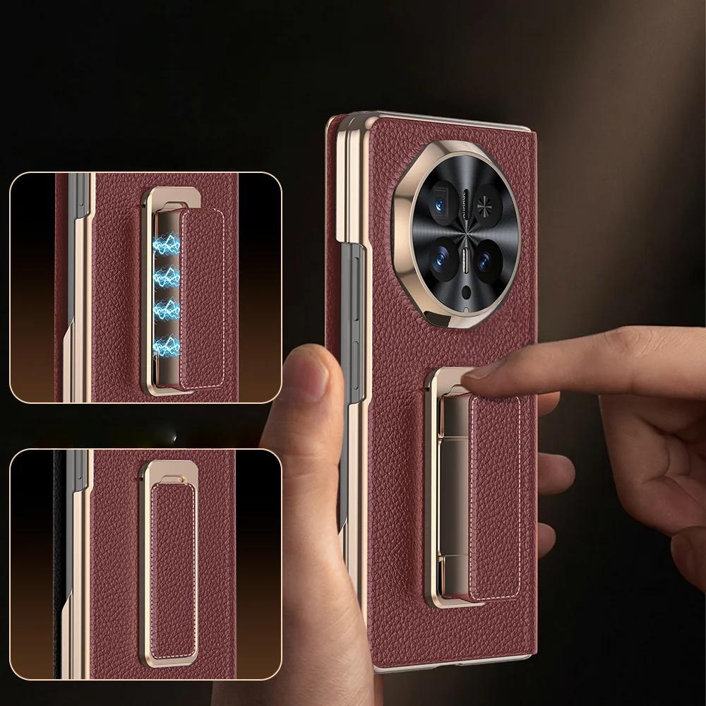 Для Honor Magic V6 Чехол из натуральной кожи с вращающейся подставкой, ремешком на запястье, магнитной отделкой и умным окном, защитная крышка
