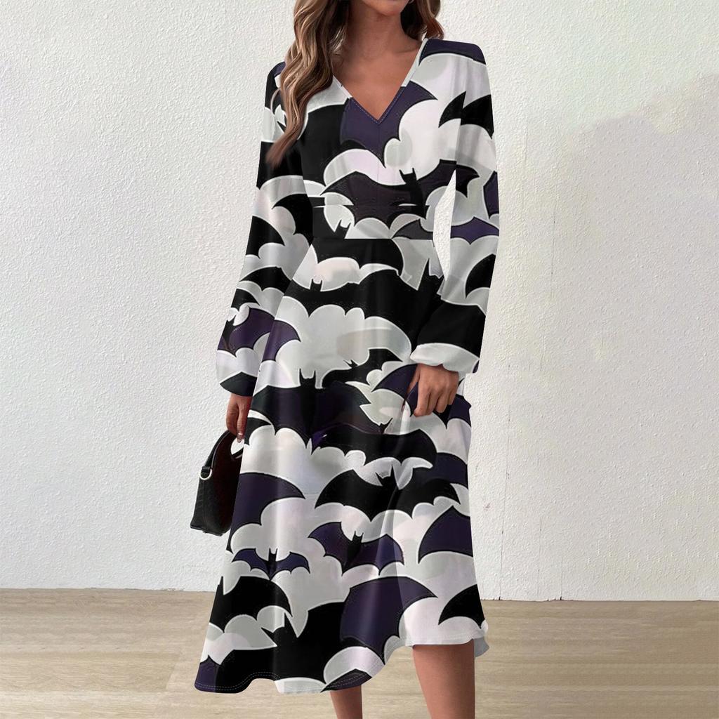 Женское осенне-зимнее повседневное модное длинное платье с v-образным вырезом и длинным рукавом с принтом