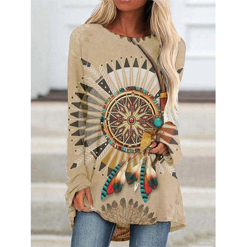Футболки с длинным рукавом с принтом Western Aztec Ethnic 3D, богемные женские винтажные модные футболки, свободные уличные женские футболки, топы