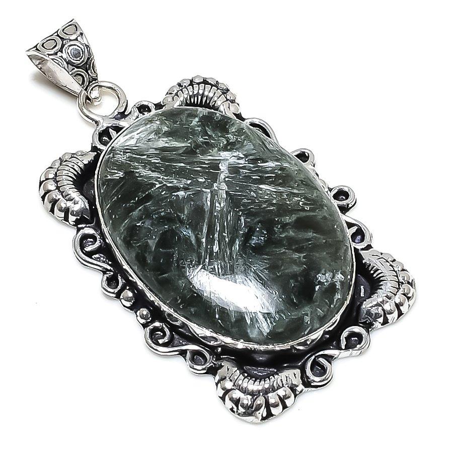 Серафинит Драгоценный камень Ручная работа 925 Стерлинговое серебро Ювелирное изделие Подвеска 2,13" t0m29