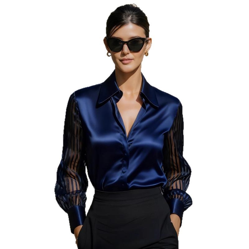 2026 Новая Элегантная Сетчатая Пэчворк Рубашка с Длинным Рукавом для Офиса Весна Осень Свободная Повседневная Женская Атласная Блузка Модная С Воротником Однотонные Топы Одежда