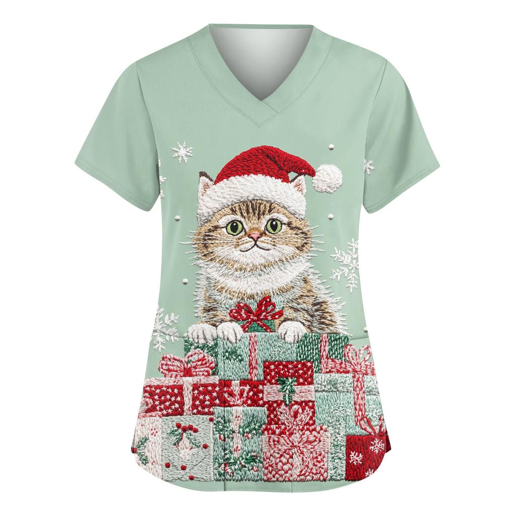 Женский модный рабочий топ с V-образным вырезом, рождественским принтом, короткими рукавами, карманом, боковым разрезом, базовый пуловер