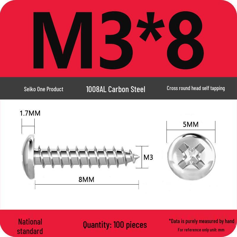 Galvanized Self-Tapping Screws, Round Head, White Zinc, PA Cross Pan, Pointed Tail M1.2-M4