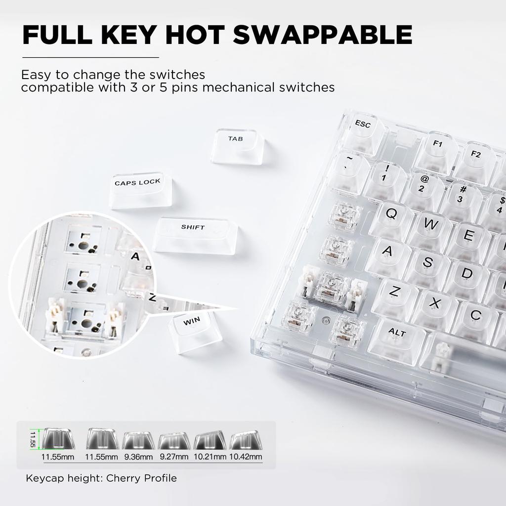 YUNZII X75 PRO 82-Key Wireless Hot-Swap Mechanical Gaming Keyboard with Transparent Keycaps, BT5.02.4GUSB-C Gasketed Keyboard for WindowsMac (Crystal